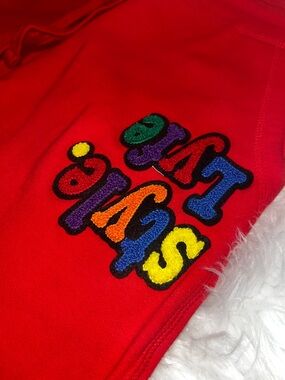 Red Men's Joggers with Multicolor 'Lyfestyle' Embroidered Patch